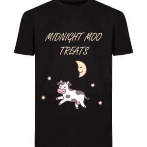 Black tee with logo Midnight Moo Treats and image of drawn cow, moon , and stars underneath