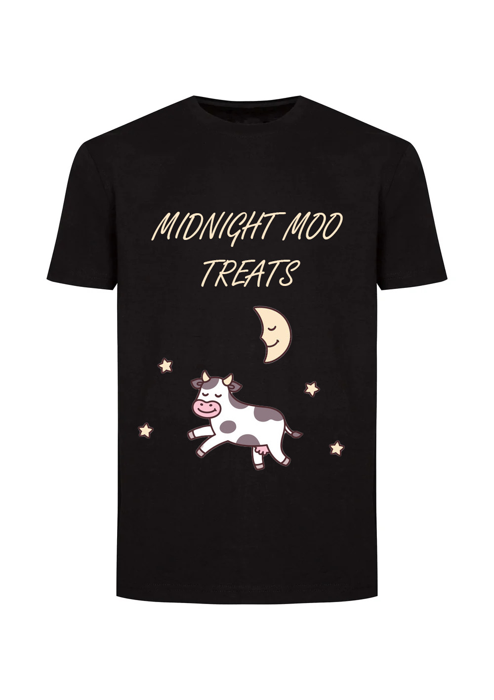 Black tee with logo Midnight Moo Treats and image of drawn cow, moon , and stars underneath