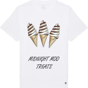 White tee with image of three drawn soft serve ice cream cones and the logo Midnight Moo Treats underneath