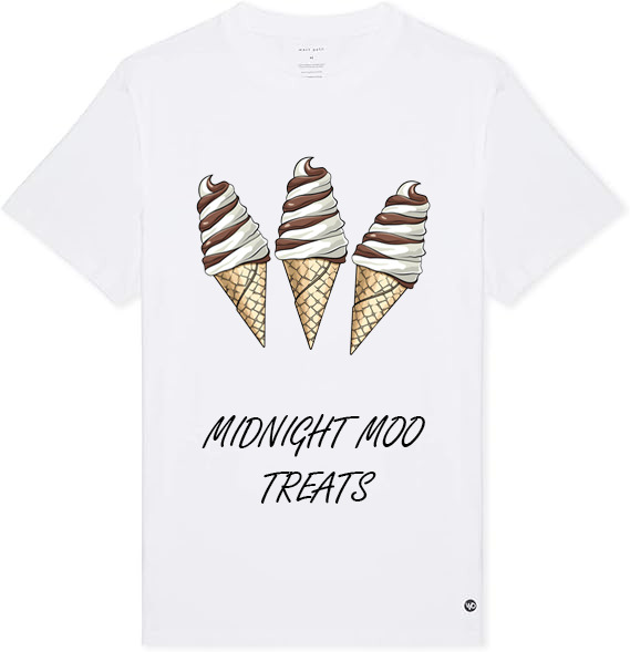 White tee with image of three drawn soft serve ice cream cones and the logo Midnight Moo Treats underneath